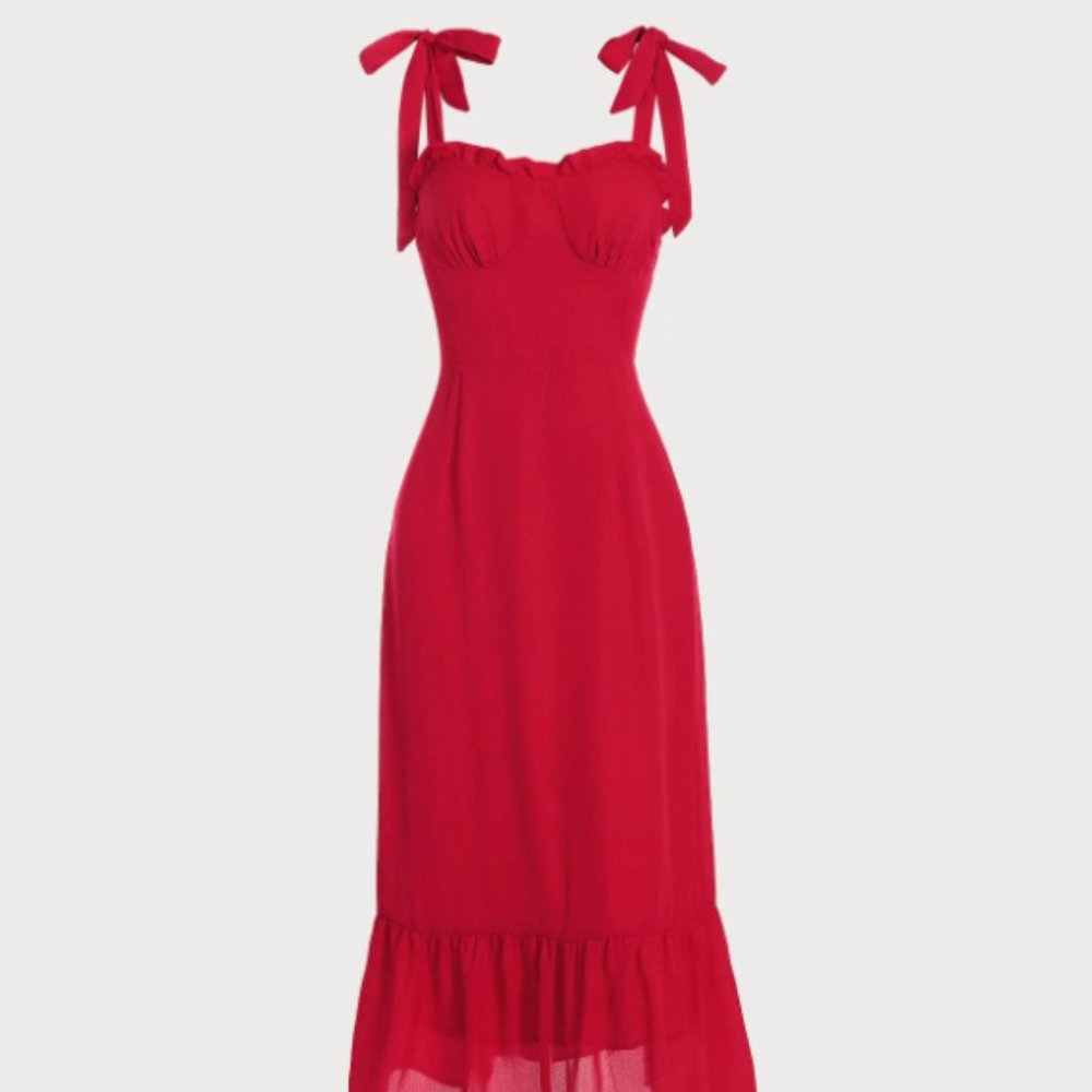 Red Maxi Dress with Tie Sleeves and Ruffles